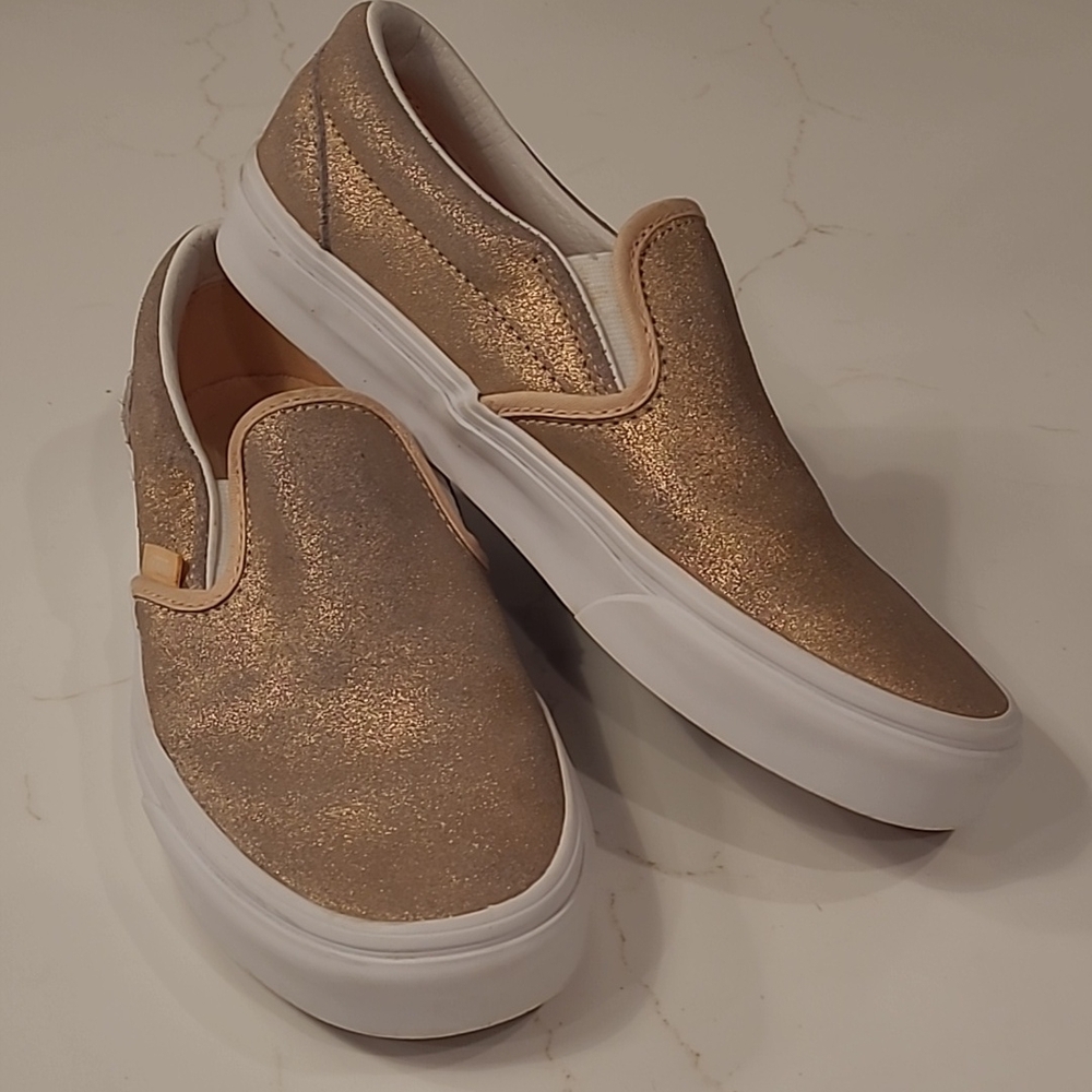 Vans Pink and Gold Slip-On Sneakers